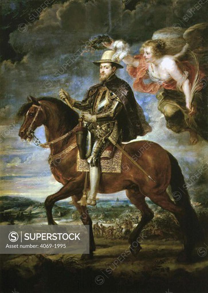 Stock Photo: 4069-1995 King PHILIP II of Spain 1527-98 (Philip I of Portugal 1580-98) on horseback allegory 1628
