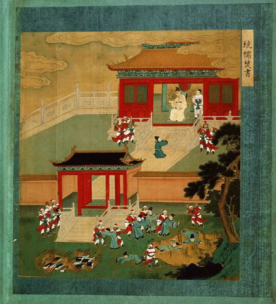 Qin Shihuangdi, 259-210 BC, the First Qin Emperor, 221-210 BC, scene of burning books and executing scholars, by Hung Wu from Lives of the Emperors, watercolour on silk