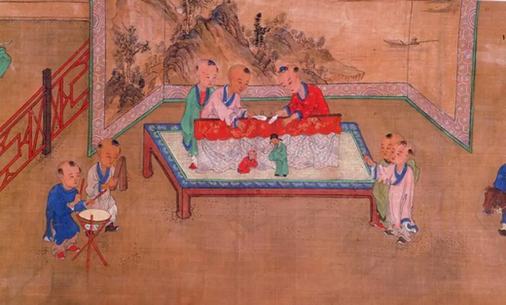 Children playing drums and performing puppet show, from 100 Children At Play scroll, Ming Period, 16th - 17th century, China, detail