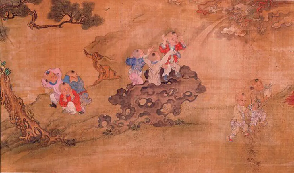 Children pulling faces and playing games, from 100 Children At Play scroll, Ming Period, 16th - 17th century, China, detail