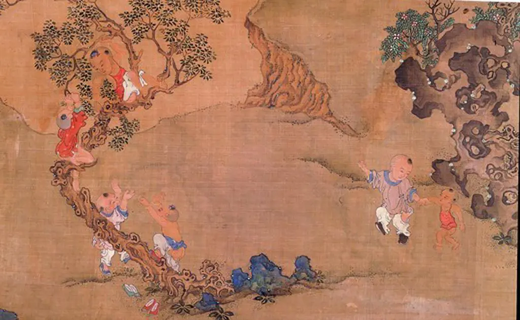 Children climbing tree, from 100 Children At Play scroll, Ming Period, 16th - 17th century, China, detail