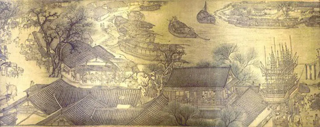 Qing Ming Shang He Tu or Along the river at the Qingming Spring festival, Kaifeng scroll, 1736 replica of famous 12th century northern Song scroll, China, detail