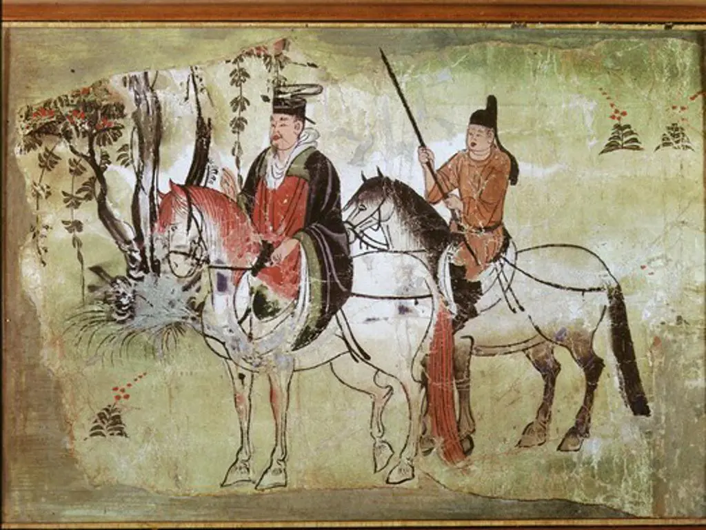 Prince Siddartha, future historical Buddha, on horseback,Chinese painting on paper, 10th century, from Dunhuang caves, Chinese Central Asia