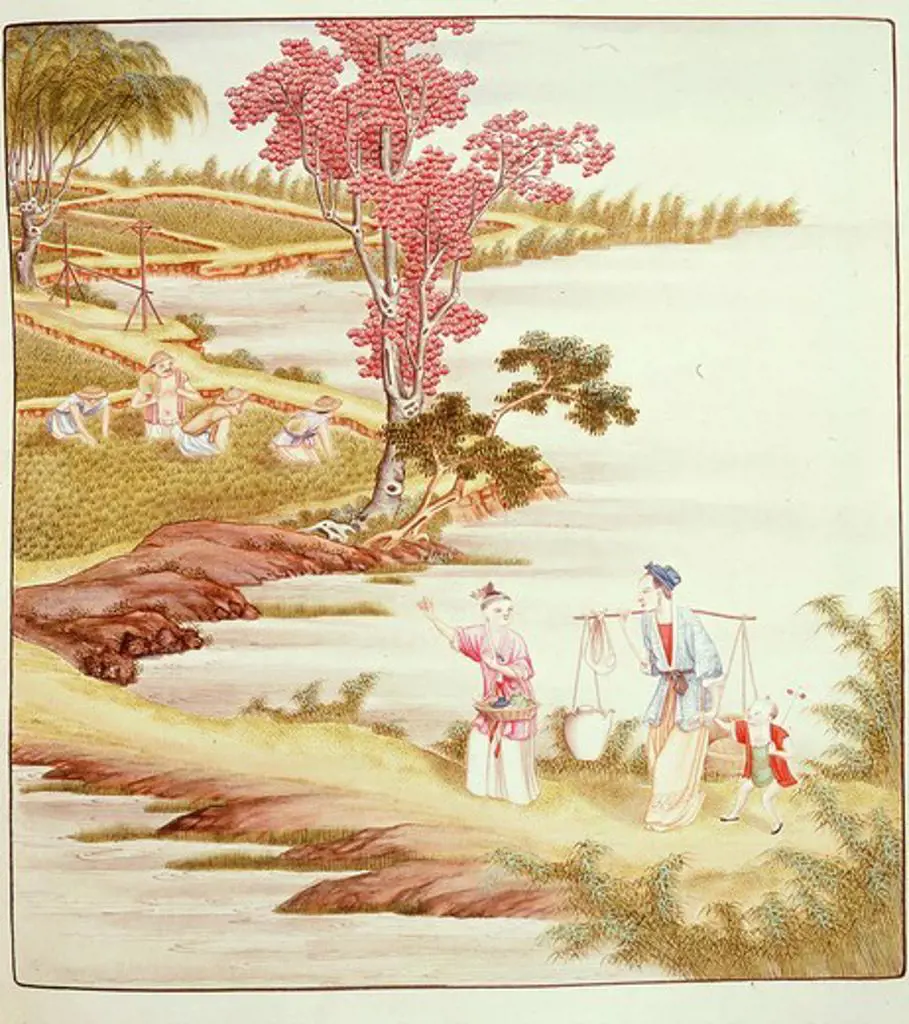 Tea planting and family with tea pot by unknown Chinese artist, 19th century
