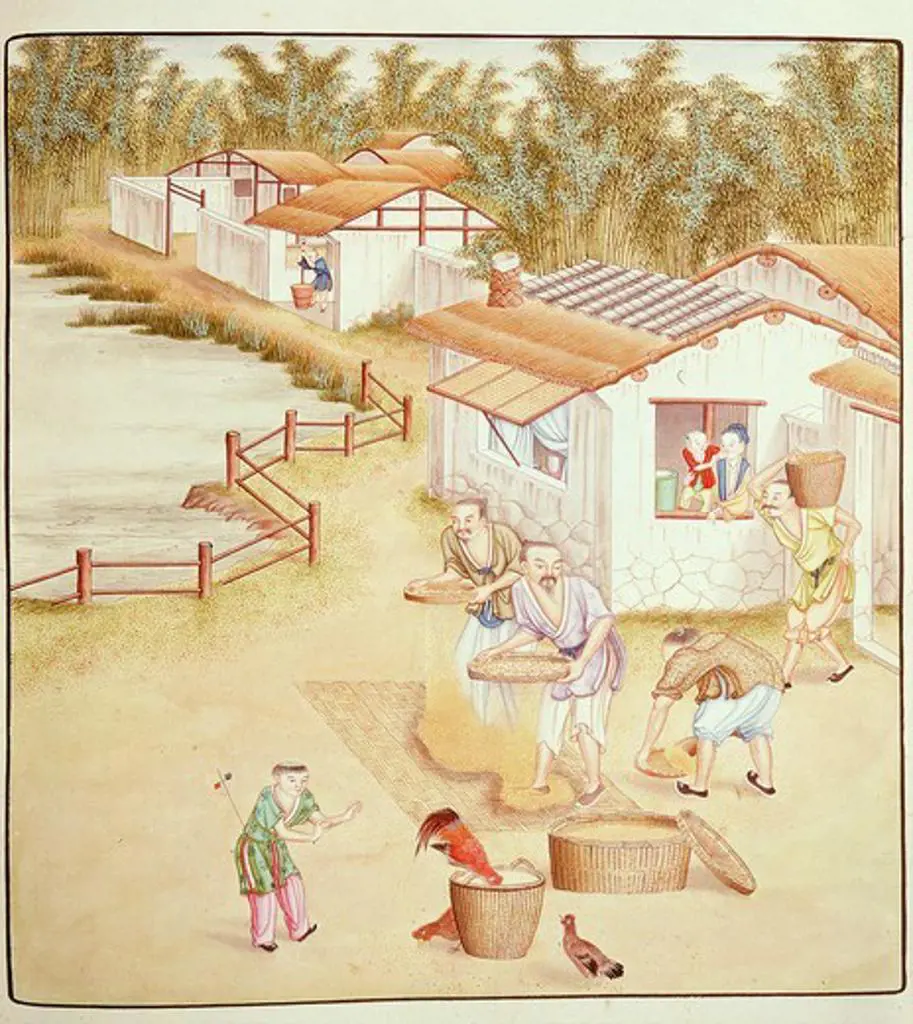 Rice threshing and bamboo grove by unknown Chinese artist, 19th century