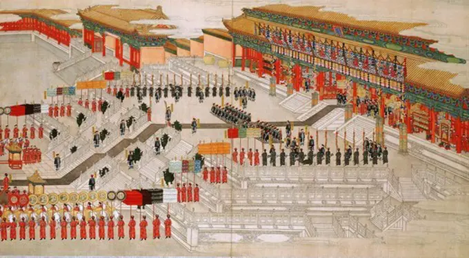 View of the Qing Manchu Imperial Court at Peking, Chinese painting
