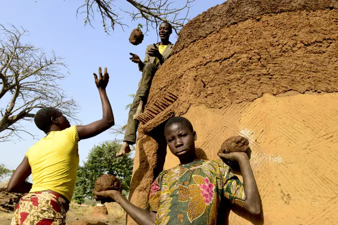  Somba family using mud to repair their traditional house, the Land of the Batammariba, Benin, February 2020