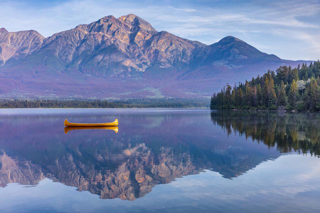 Canoe on Pyramid Lake in Jasper National Park, Alberta Canada