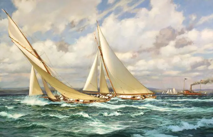 Puritan passing Genesta in the second race for the America's Cup, September 16th 1885.'  Oil on canvas. 2003. 26' x 40'.'Puritan' was designed by Edward Burgess and built for a Boston syndicate led by J