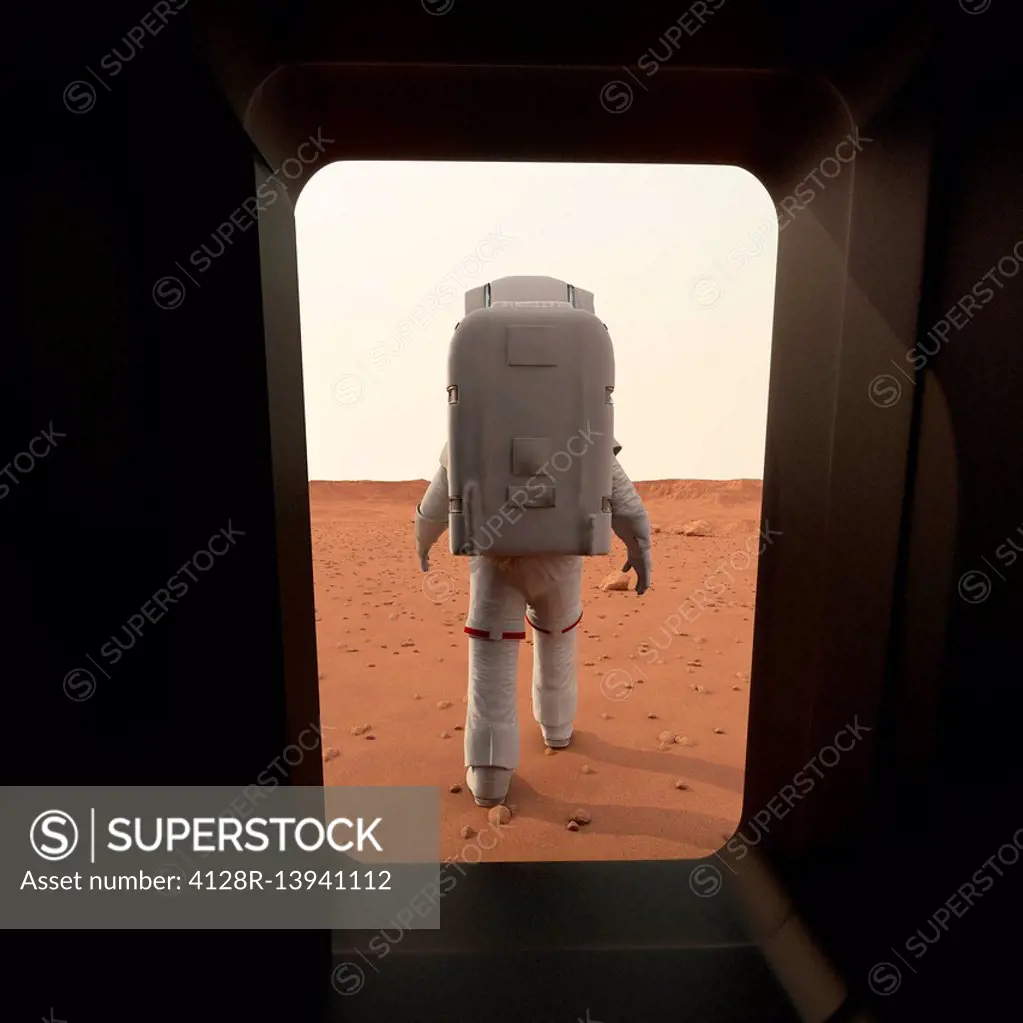 Astronaut leaving space ship and walking on planet, illustration.