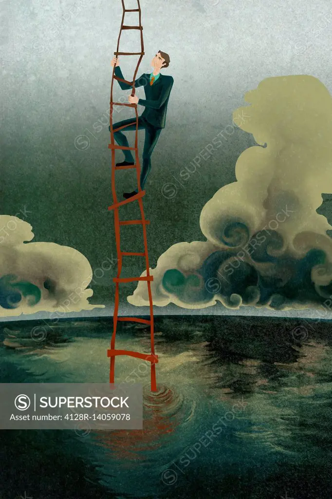Illustration of businessman climbing ladder of success