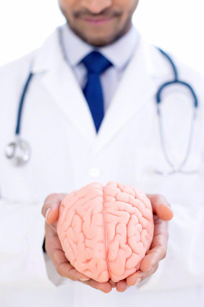 Neurologist holding brain model, close-up.