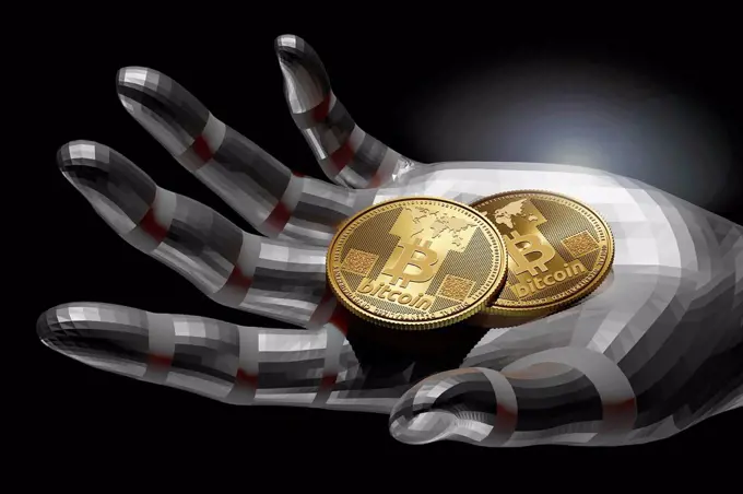 Hand holding bitcoins, illustration