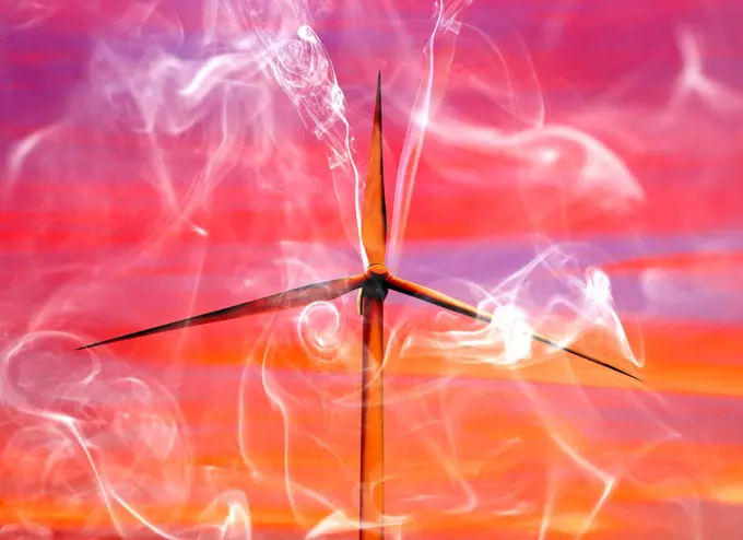 Wind turbine and heat, conceptual illustration