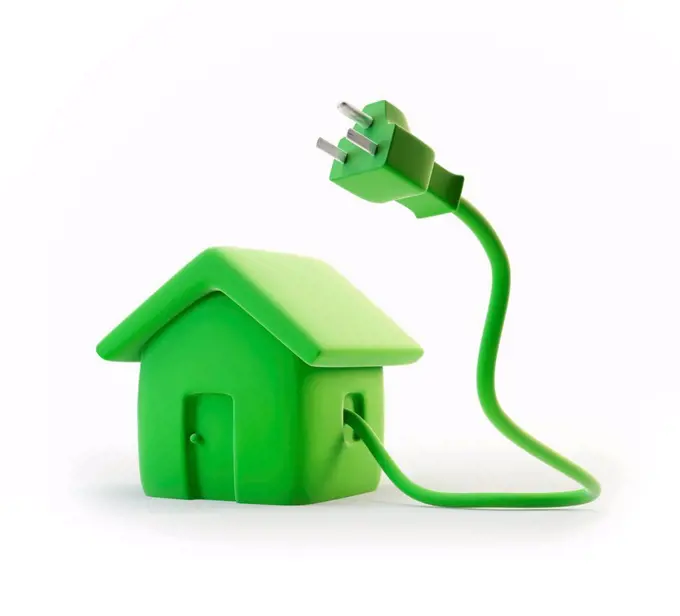 Green house with plug socket, computer artwork.