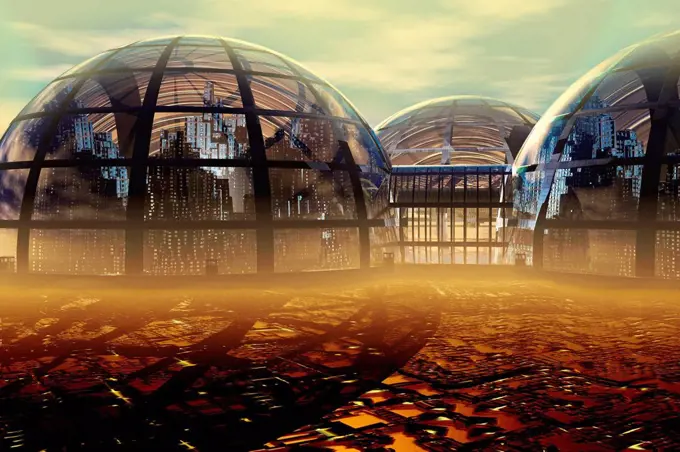 Conceptual illustration of a futuristic domed city.