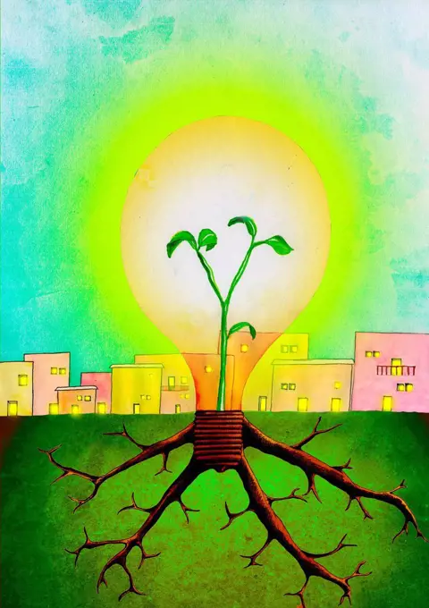 Plant growing inside of a light bulb, illustration