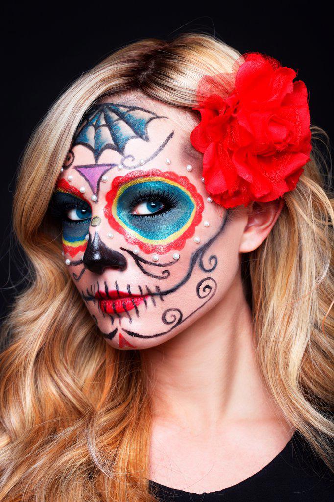 Stunning Blonde Woman With Painted Sugar Skull Art