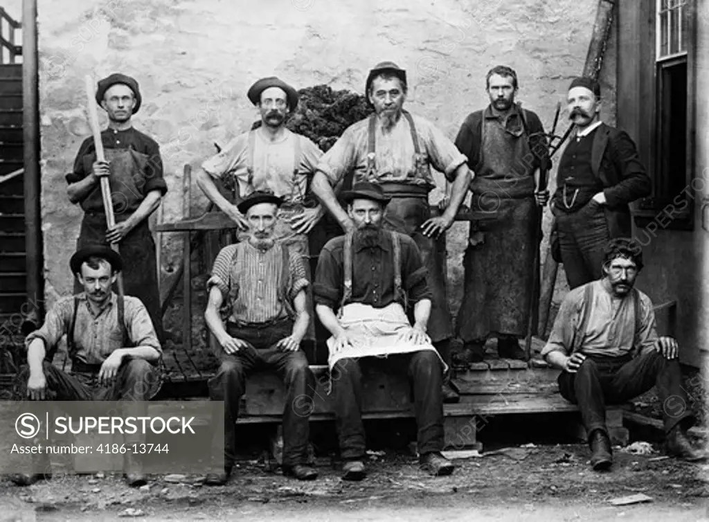 1890S 1900S Group Portrait Of 9 Carpet Mill Workers