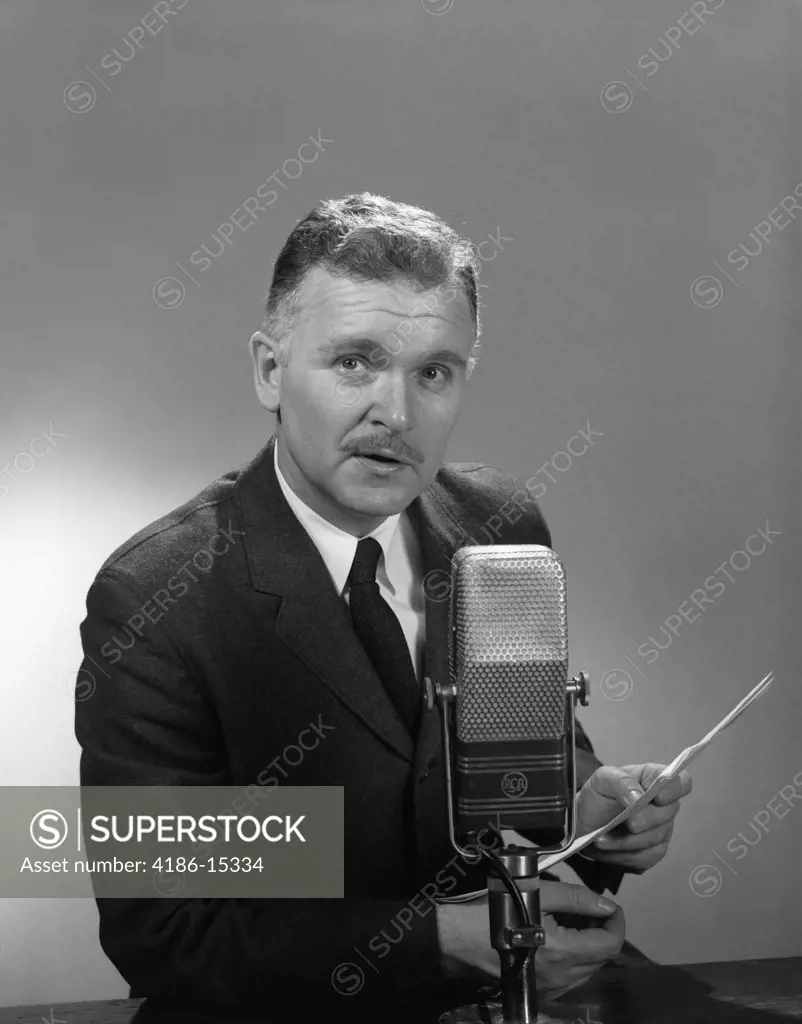 1950S 1960S Older Man Speaking Into Microphone Holding Papers Radio ...