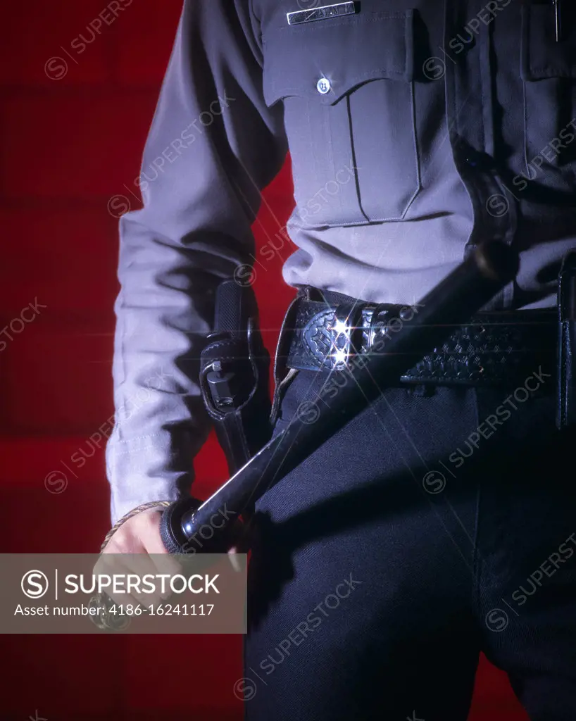 1990s TORSO ONLY OF POLICEMAN SECURITY GUARD HOLSTERED GUN ON HIS HIP HOLDING NIGHTSTICK 