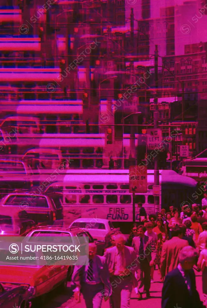 1970s SYMBOLIC CROWDED DOWNTOWN CITY STREET ANONYMOUS PEDESTRIANS CARS BUSES MULTIPLE EXPOSURE GRAPHIC EFFECT MAGENTA FILTER