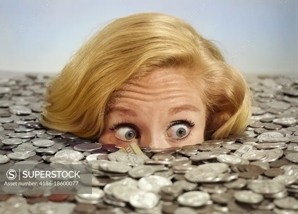 1960s BUG-EYED SURPRISED WOMAN BURIED IN COINS MONEY SYMBOLIC