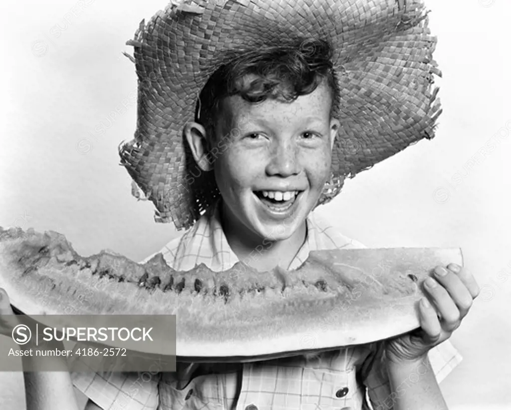 1940S 1950S Smiling Boy Straw Hat Holding Large Slice Watermelon