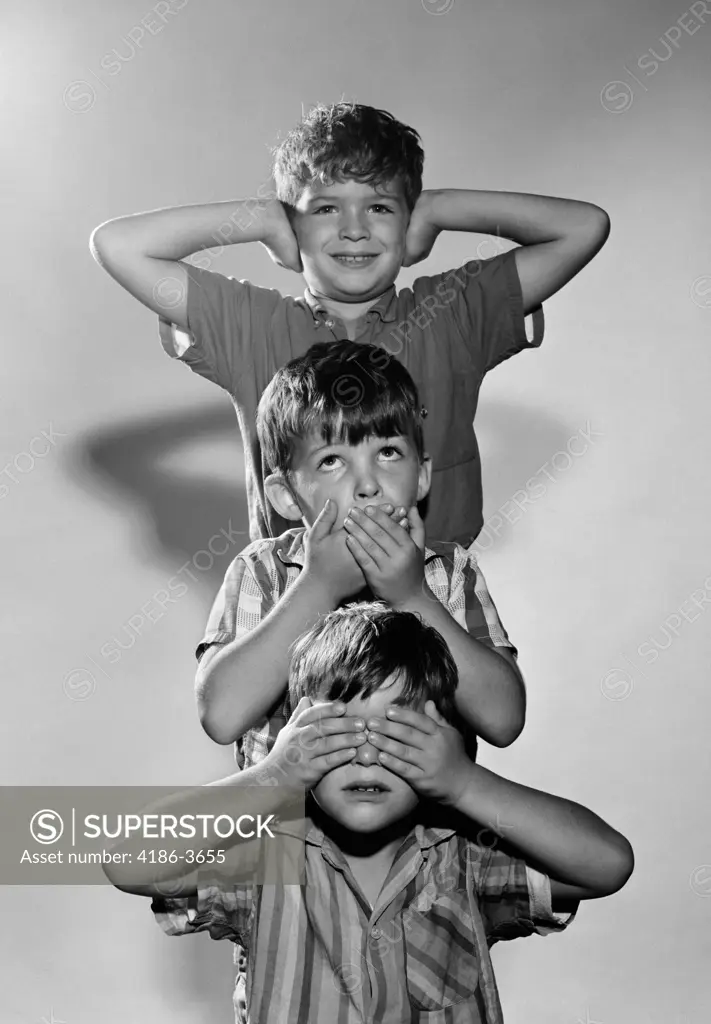 1960S Portrait Of 3 Boys Miming Hear See Speak No Evil