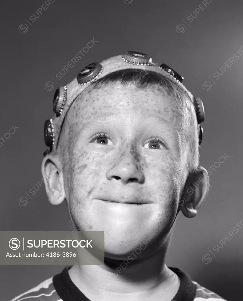 1950S Portrait Of Smiling Freckled Teen Boy Wearing Bottle Cap Beanie