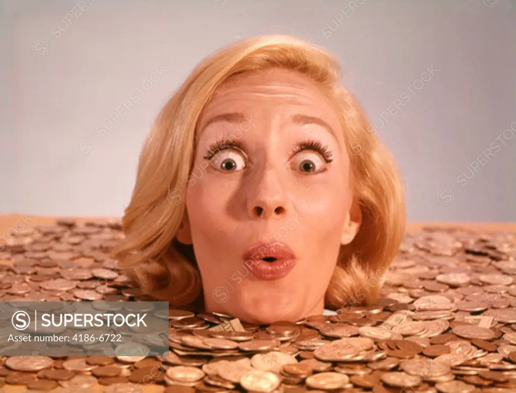 1960S Silly Wacky Expression On Funny Woman Up To Neck In Coins And Currency Drowning In Luck  