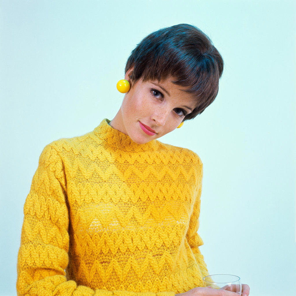 1960S Brunette Woman Short Pixie Hair Style Yellow Knit Sweater Earrings