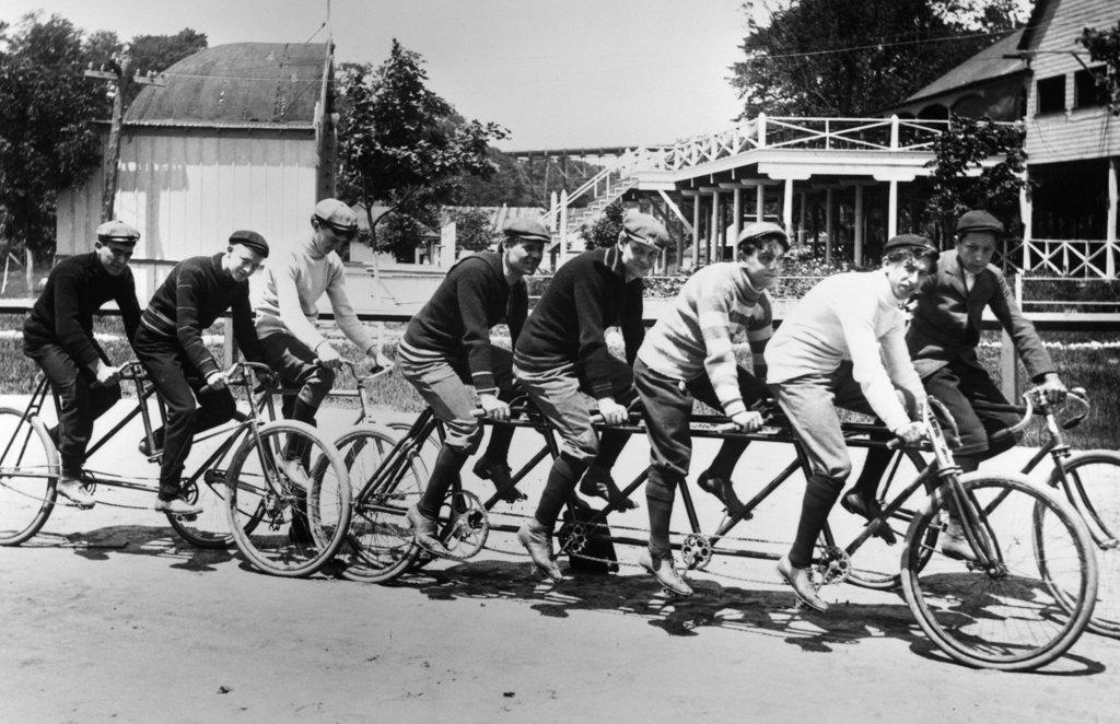 1890S 1900S Turn Of The Century Large Group Of Men On Tandem & Quadricycle Bicycles