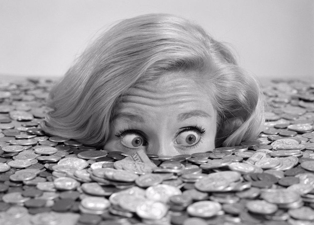 1960S Bug-Eyed Surprised Woman Buried In Coins Money Symbolic
