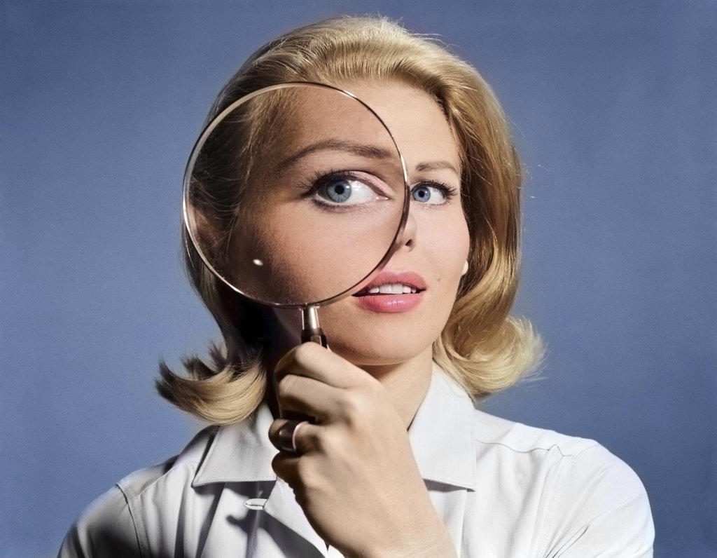 1960s BLOND WOMAN MAGNIFYING GLASS HELD UP TO AND ENLARGING ONE EYE