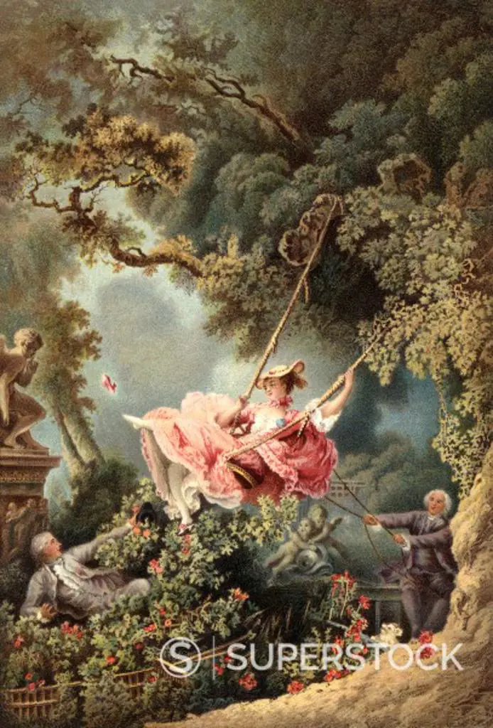 1700s 1767 THE SWING BY FRENCH PAINTER OF ROCOCO MANNER JEAN-HONORE FRAGONARD LOVER LOOKING UP DRESS OF MISTRESS ON SWING