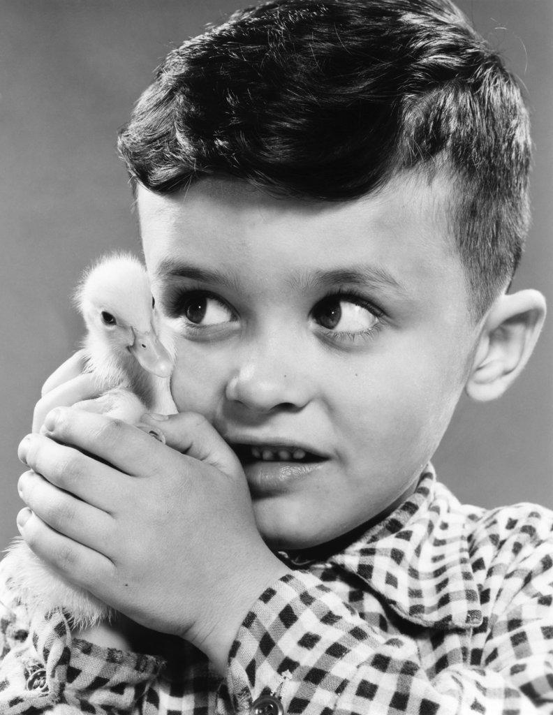 1950s LITTLE BOY HOLDING TINY PET DUCKLING UP TO HIS FACE