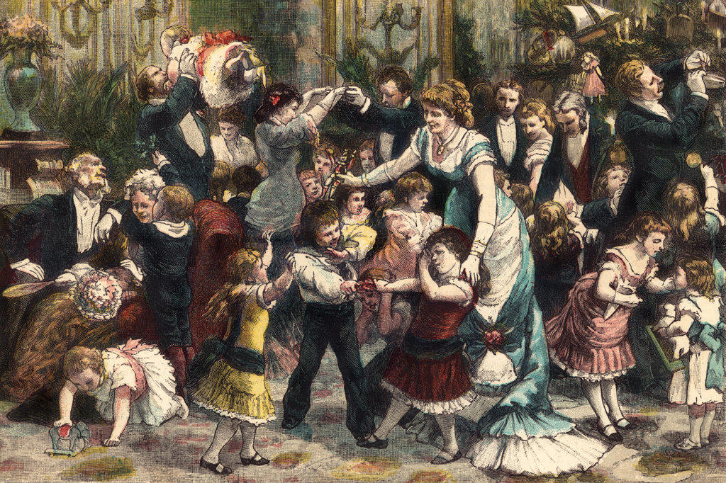 1800s 1880s 1881 CHRISTMAS AT HOME BY G. DURAND LARGE FESTIVE FAMILY PARTY MEN WOMEN 2 CHILDREN FIGHTING OVER TOYS