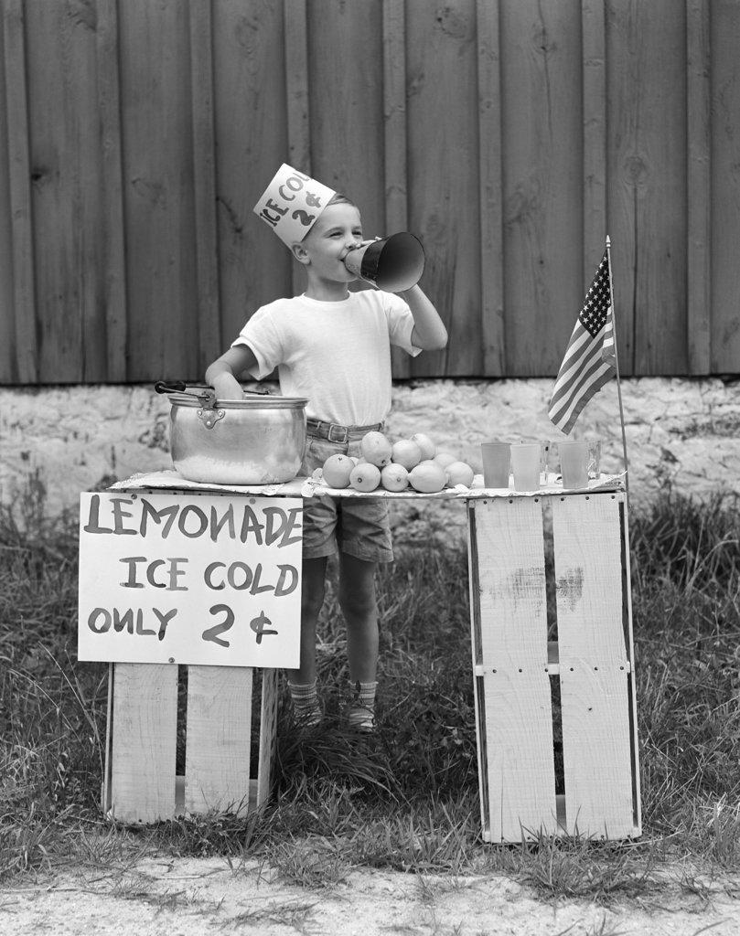 1930S 1940S Boy At Lemonade Stand Shouting Into Megaphone