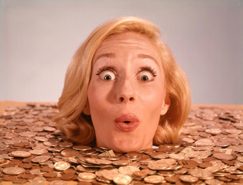 1960S Silly Wacky Expression On Funny Woman Up To Neck In Coins And Currency Drowning In Luck  