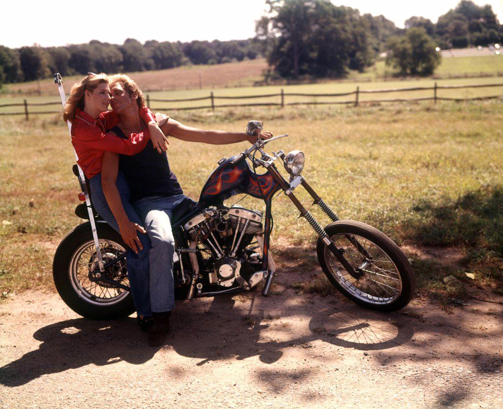 1970S Couple Man Woman Hugging Romantic Sitting On Chopper Motorcycle Bike Motorbike Motorcycles Bikes