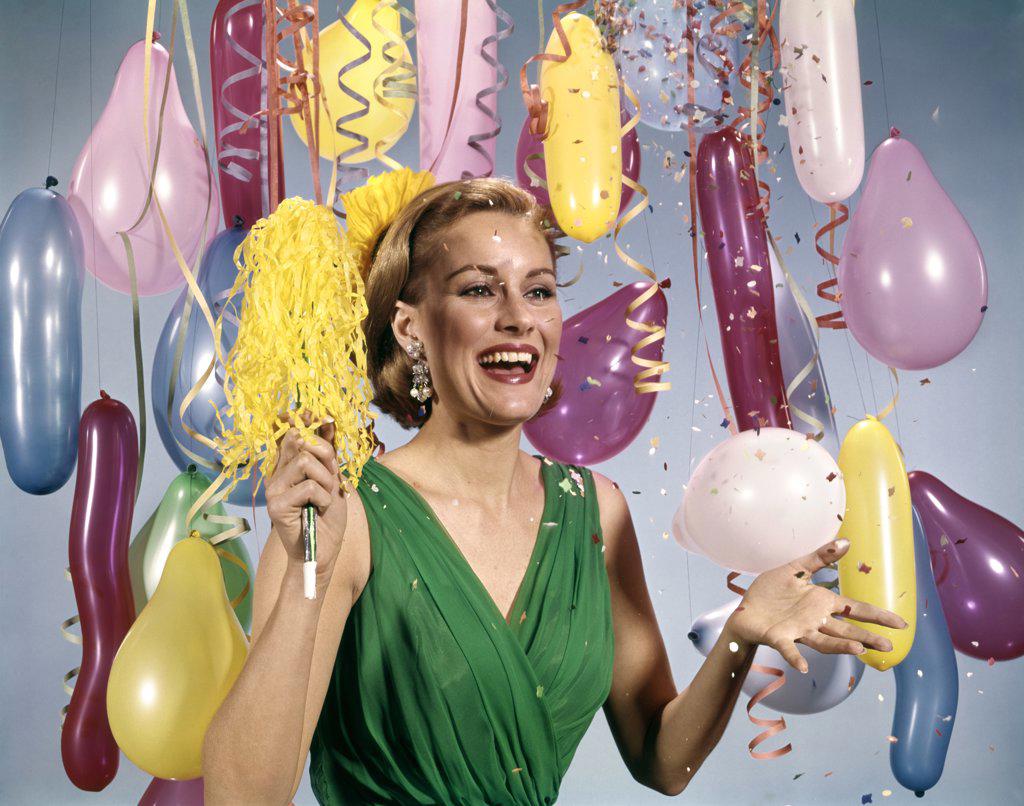 1960S Smiling Laughing Blond Woman Celebrating New Year Party Amid Balloons Streamers Confetti