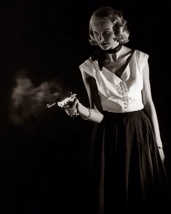 1940S 1950S Mystery Woman Shooting A Walther P-38 Pistol