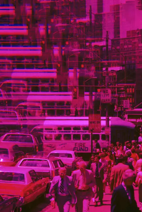 1970s SYMBOLIC CROWDED DOWNTOWN CITY STREET ANONYMOUS PEDESTRIANS CARS BUSES MULTIPLE EXPOSURE GRAPHIC EFFECT MAGENTA FILTER