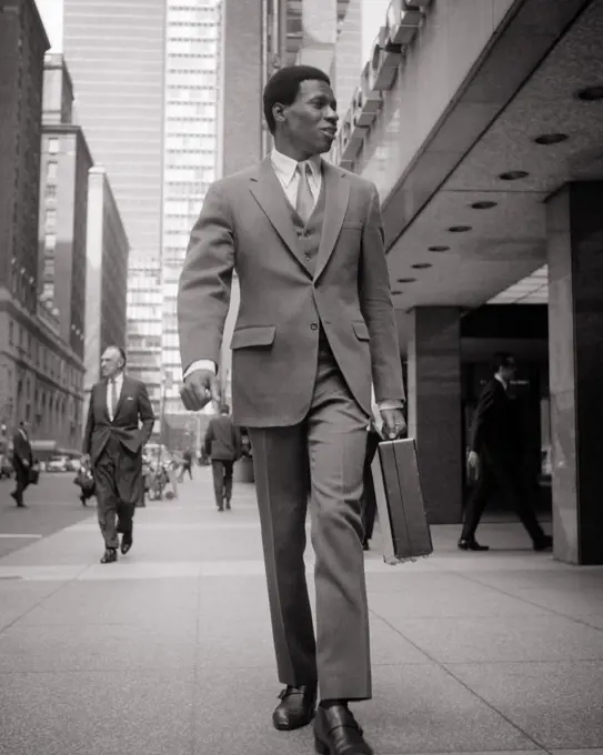 1970s PROFESSIONAL AFRICAN-AMERICAN BUSINESS MAN WALKING ALONG CITY STREET WEARING THREE PIECE SUIT AND TIE CARRYING BRIEFCASE 