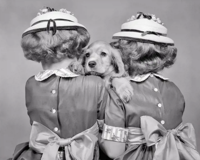 1950s TWO TWIN GIRLS BACK TO CAMERA FANCY HATS AND DRESSES HOLDING COCKER SPANIEL PUPPY LOOKING AT CAMERA BETWEEN THEM 