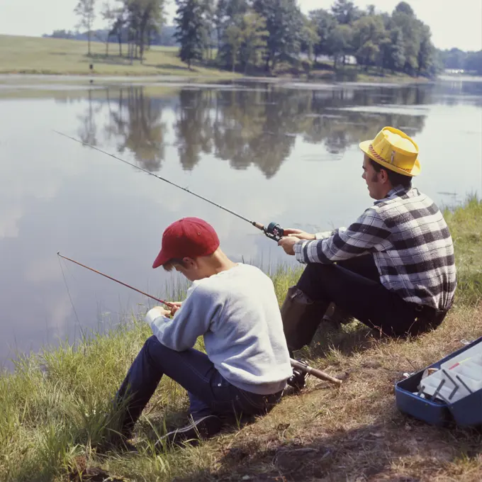 1970S Man Boy Sitting River Bank Lake Fishing Father Son Family Families