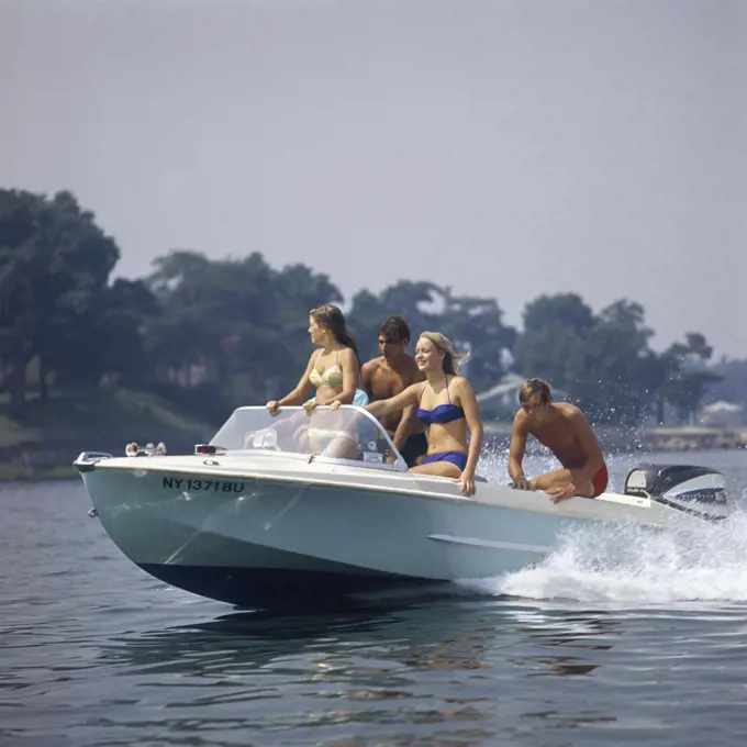 1960S Two Teen Couples In Motorboat Summer Two Piece Bathing Suit Speed Fun Summer Lake Recreation Spray