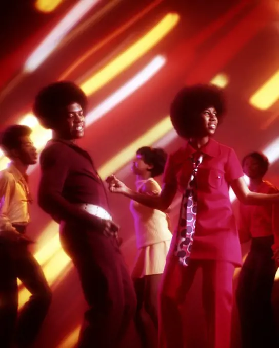1970S African American Group Couple Dancing Flashing Disco Lights