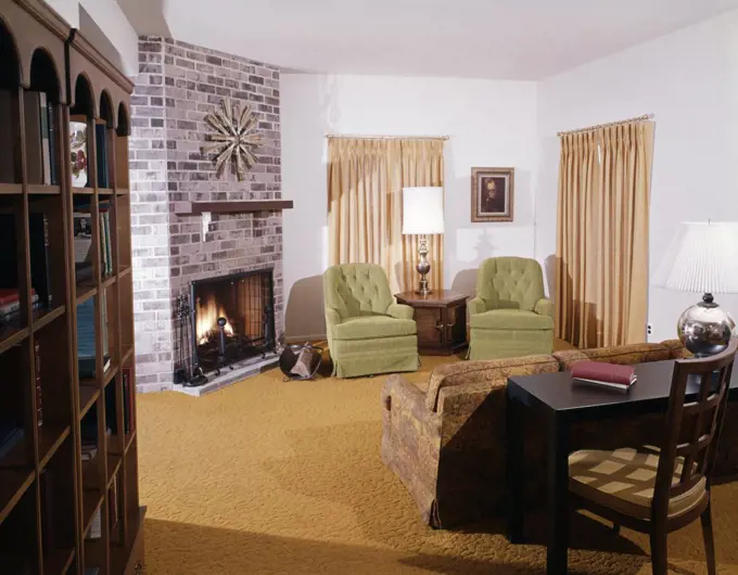 1960S 1970'S Living Room Interior Fireplace Inside